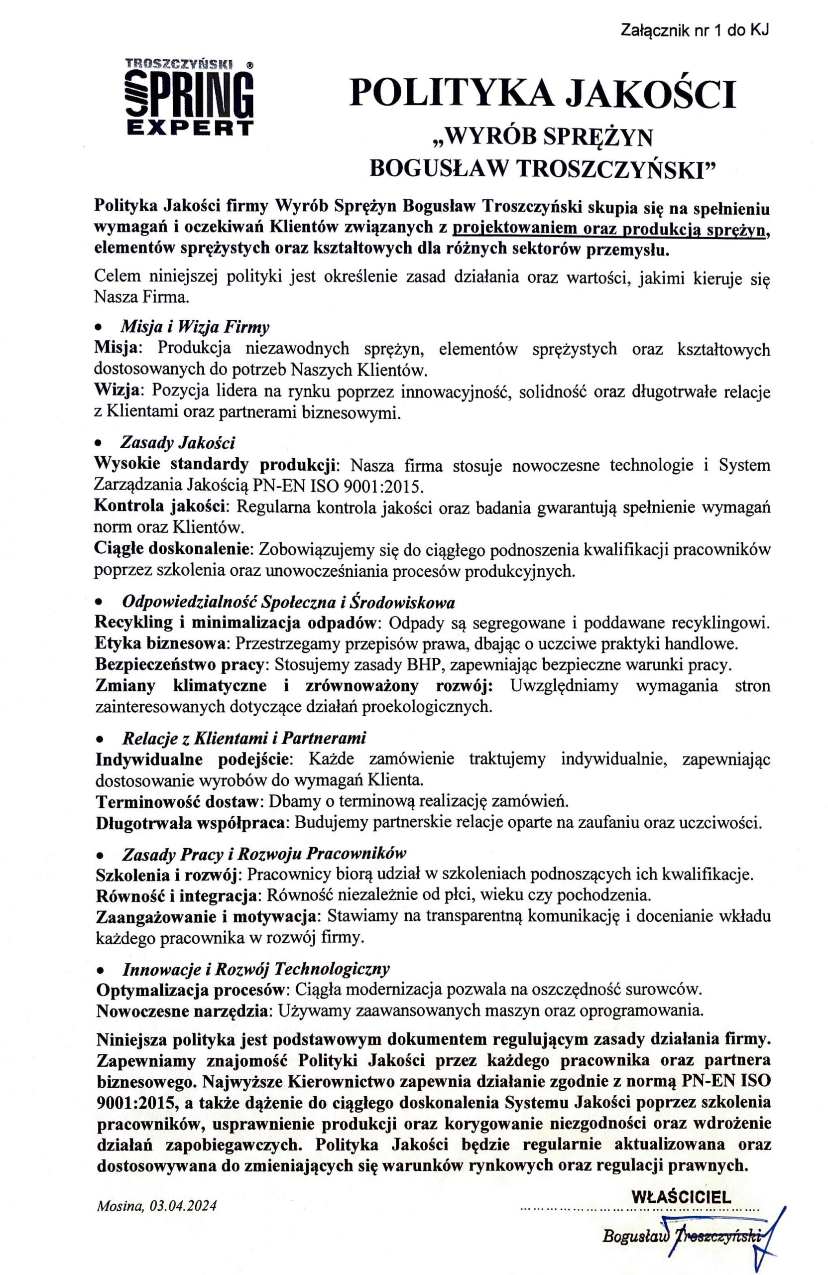 Polityka Jakości Polityka Jakości